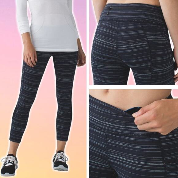 LULULEMON Pace Rival Crop 22" Size 4 Cyber Stripe Naval Blue Black - Picture 1 of 11